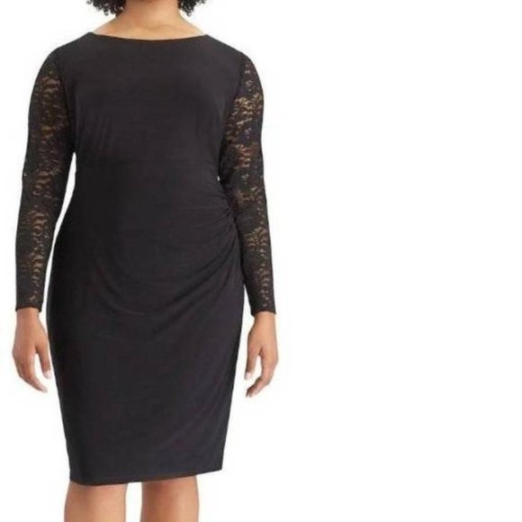 Womens Formal Dress Chaps Black 16W Sheath Long Lace Sleeve Party Back Zip Plus - Picture 1 of 7